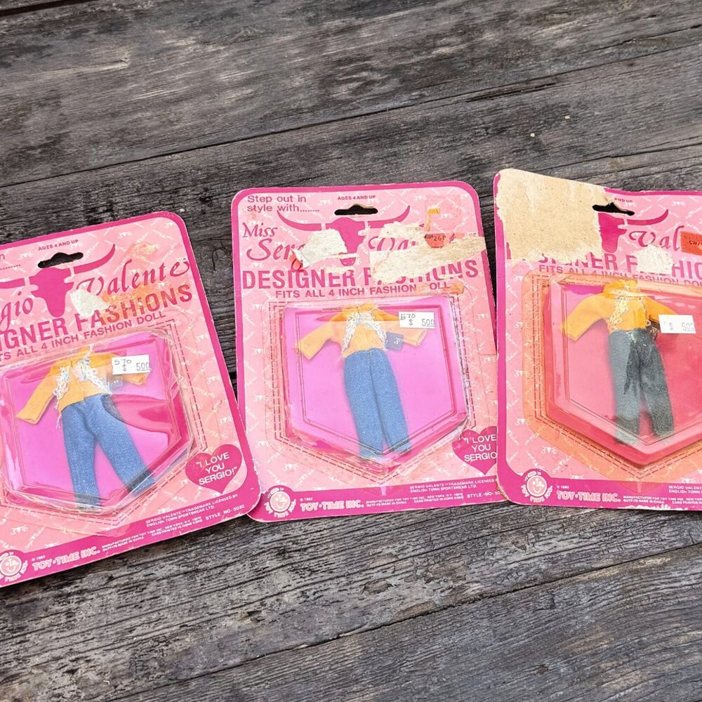 Vintage Lot 3 Miss Sergio Valente Designer Fashions 4 Inch Doll Clothes Toy Time